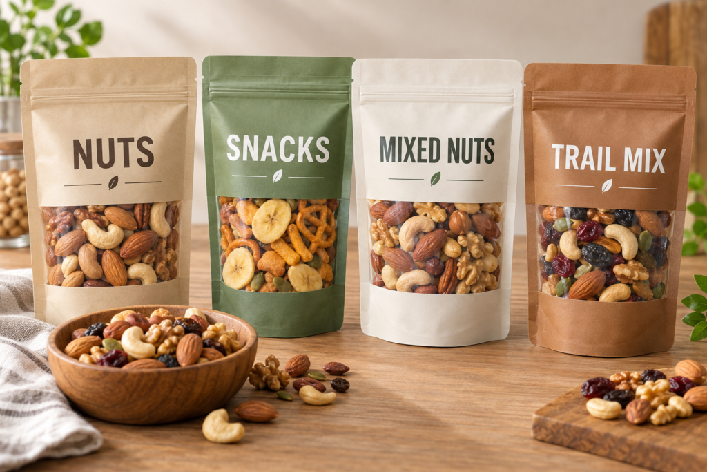 Finished stand-up zipper pouches for nuts and snacks
