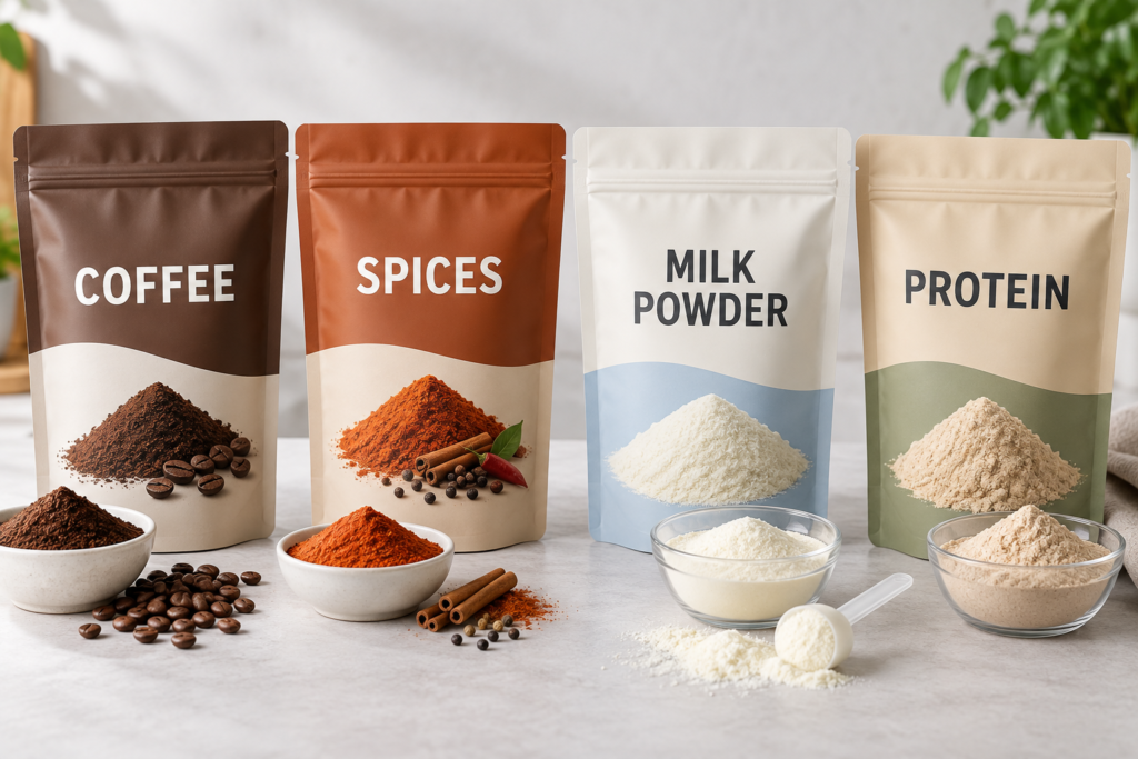 Finished premade pouches for powder products